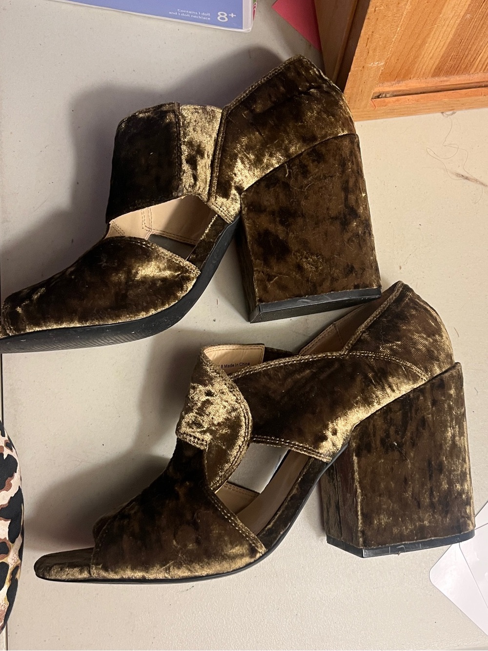 Cabi crushed velvet olive exaggerated block heel